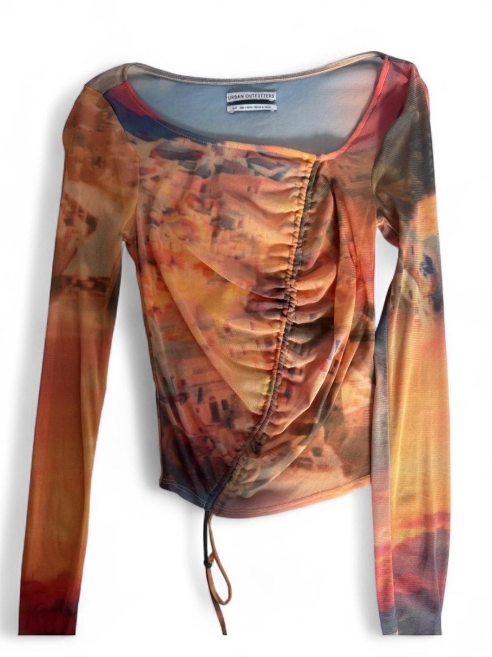 Urban Outfitters Multicolor Sunset Ruched Mesh Long-Sleeve Top